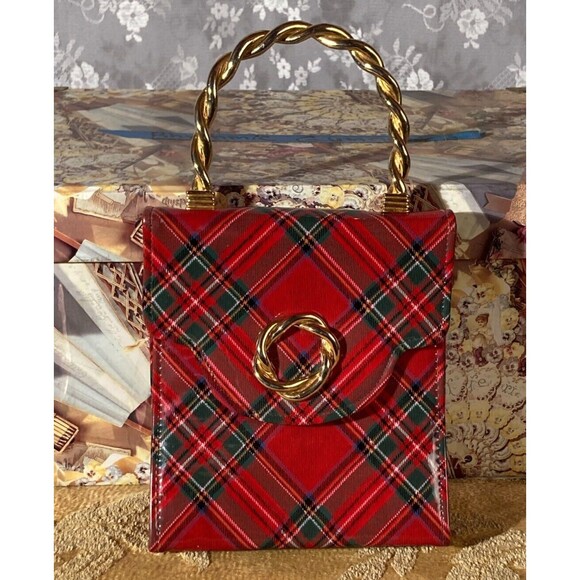 Vintage 90s Purse 1990s Y2K Red Holiday Plaid Retro Clueless Mini Bag - Picture 1 of 4